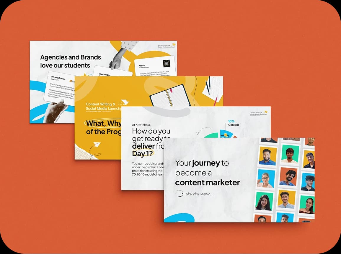 Fanned course slides for a content-marketing programme on a terracotta backdrop