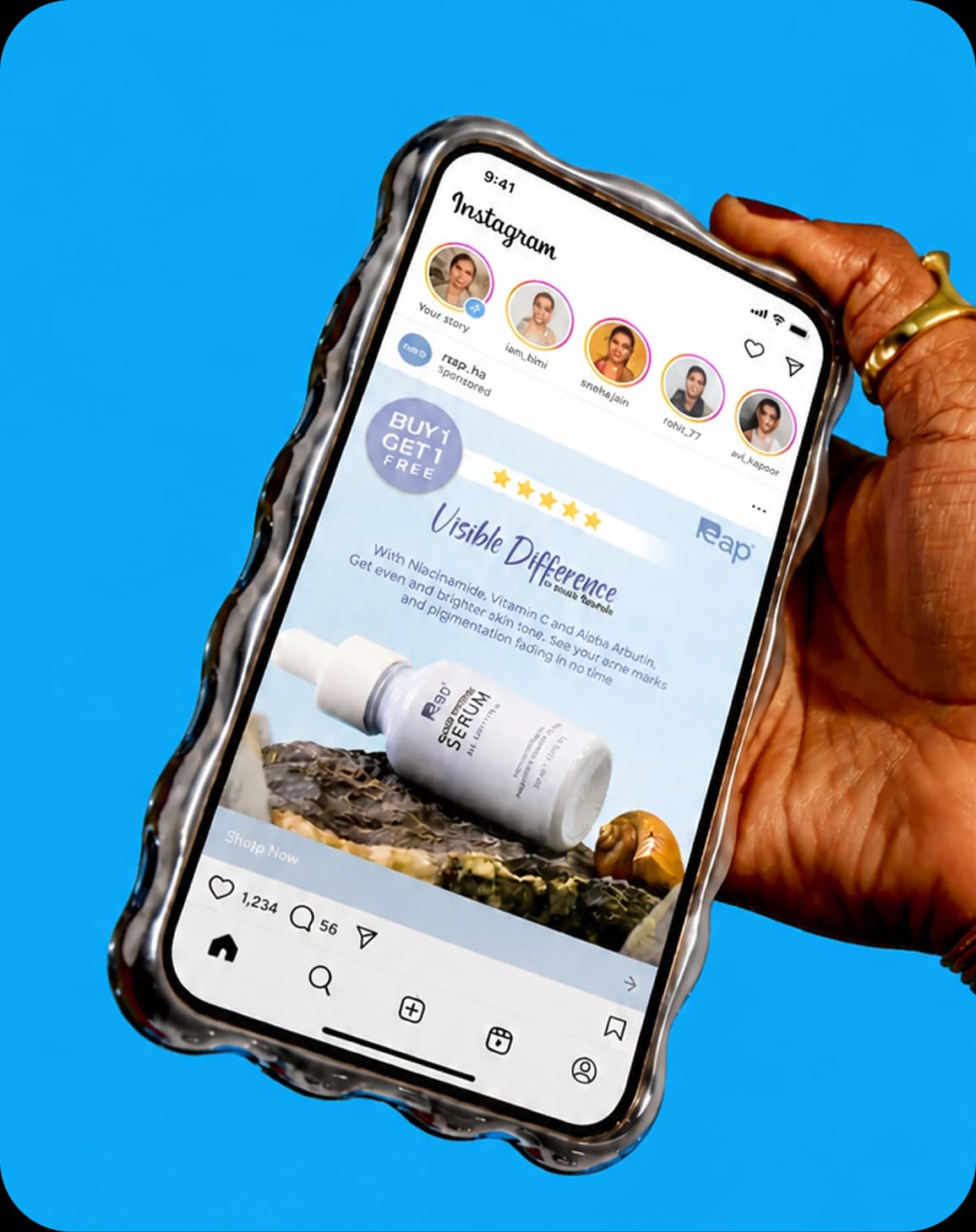 Instagram feed post for a niacinamide serum launch, shown on a phone held over a blue backdrop