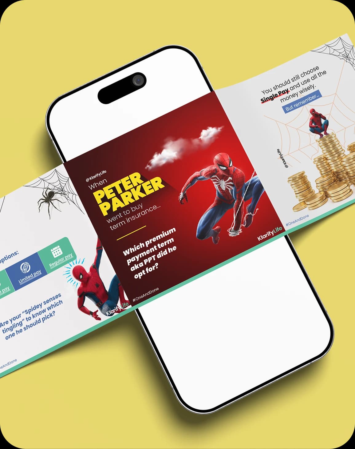 Spider-Man term insurance campaign carousel on a phone over a yellow backdrop