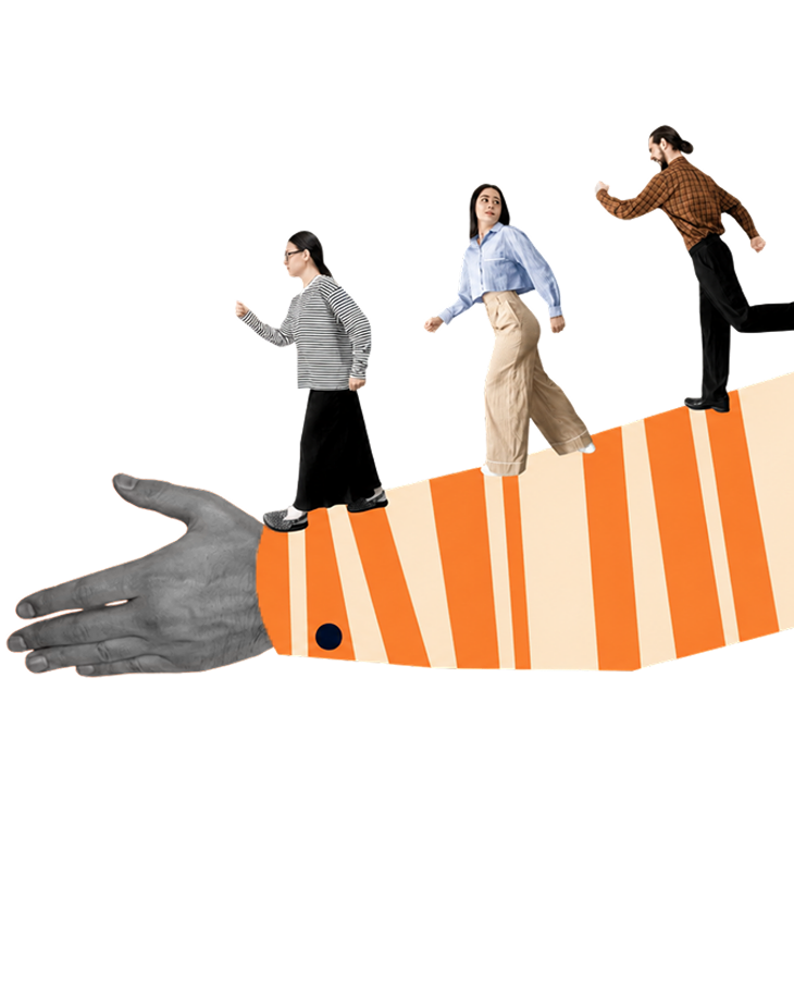 A creative team walking confidently across a giant striped arm held by an open hand