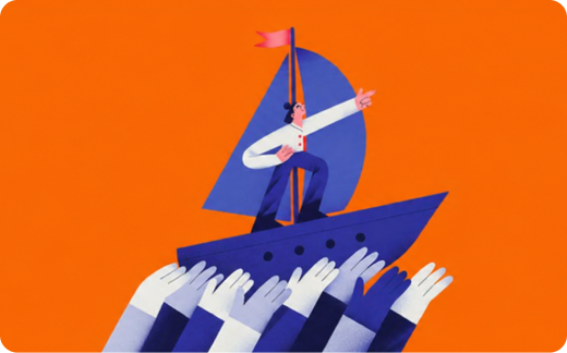 Stylised illustration of a captain sailing a paper boat through orange and white striped waves