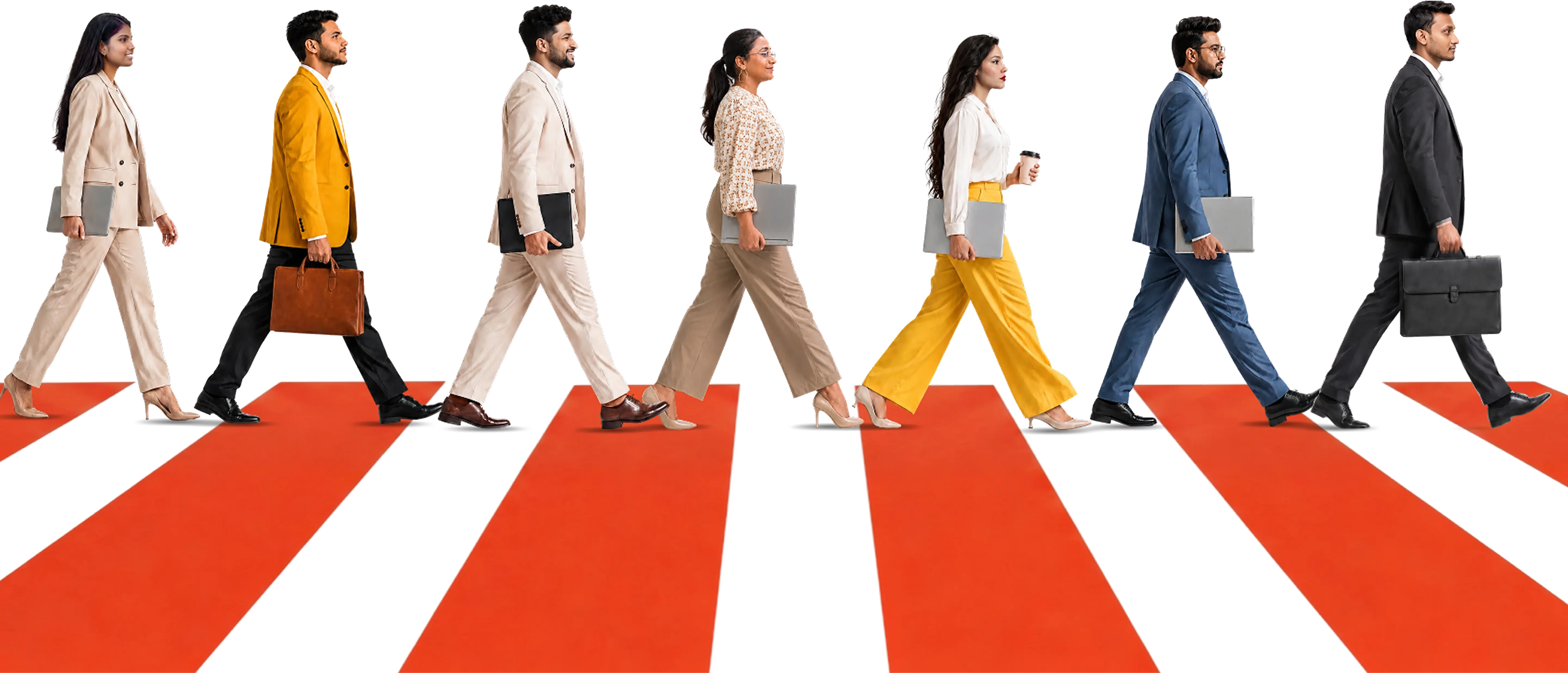 Seven Doodl Space team members walking confidently across an orange and white striped crosswalk