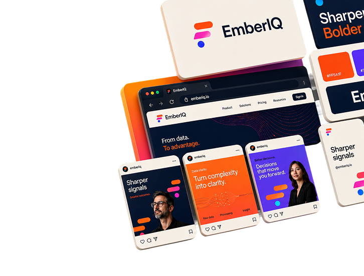 Brand & Identity mockups — EmberIQ phones and laptop