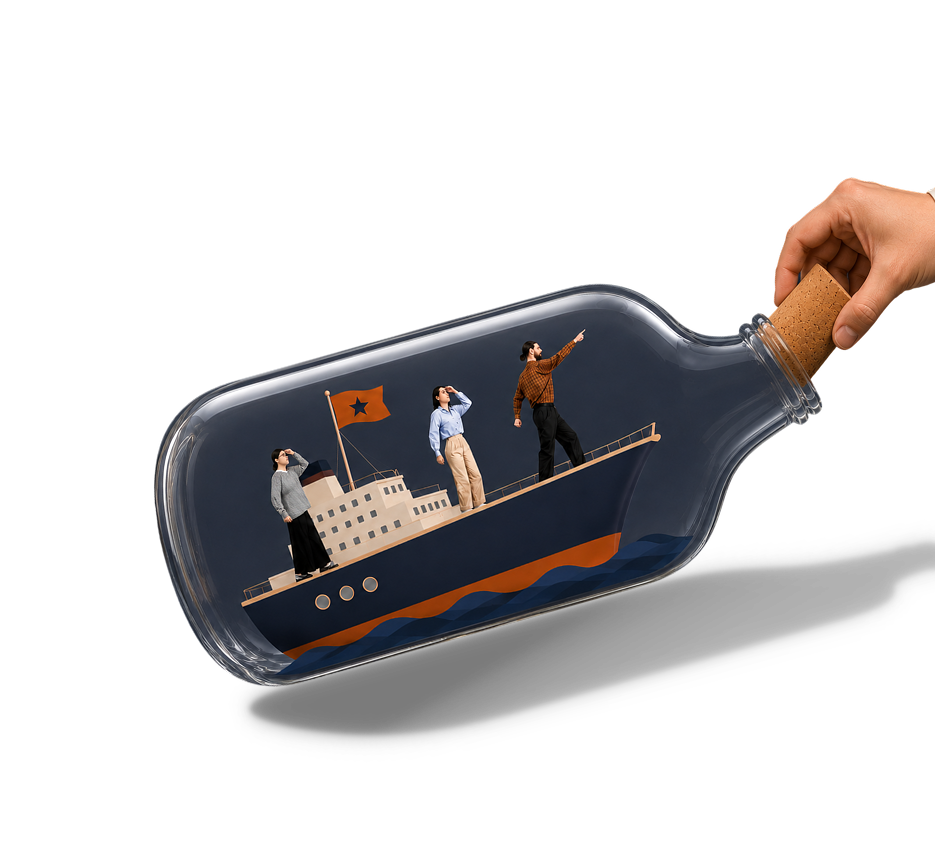 Marketing team in a glass bottle on a small boat — Doodl Space hero illustration