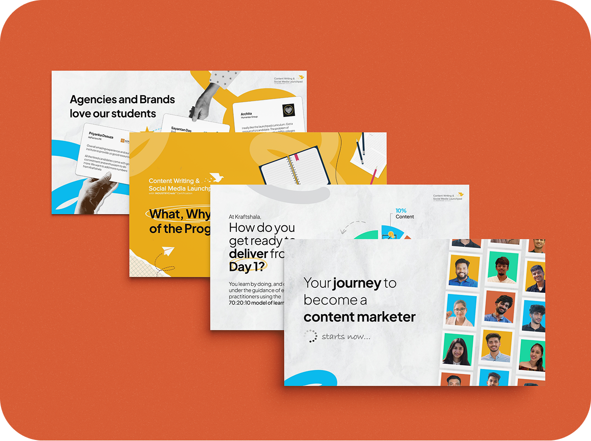 Fanned course slides for a content-marketing programme on a terracotta backdrop